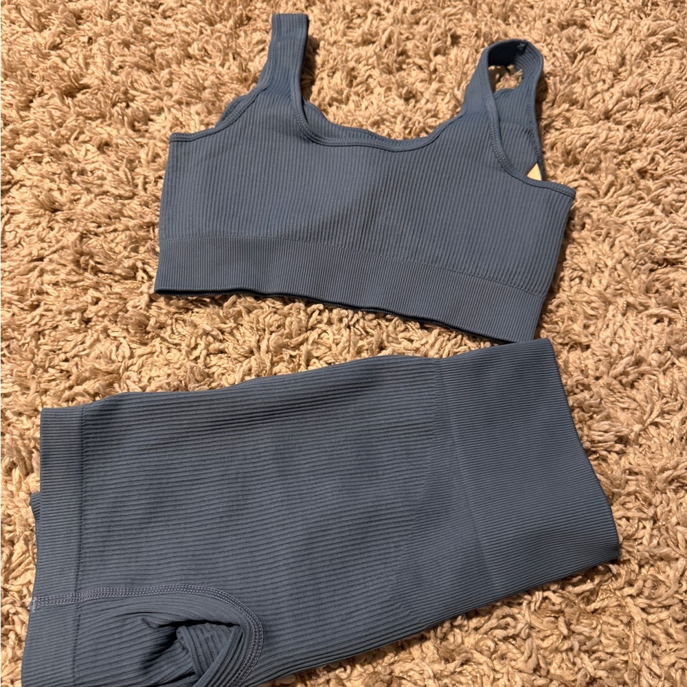 Blue Ribbed Sports Bra and shorts Set